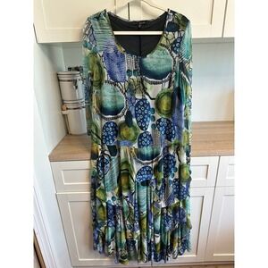 Kozan Artsy Print Mesh Dress Women M Jewel Tone Asymmetrical Stretch Long Sleeve